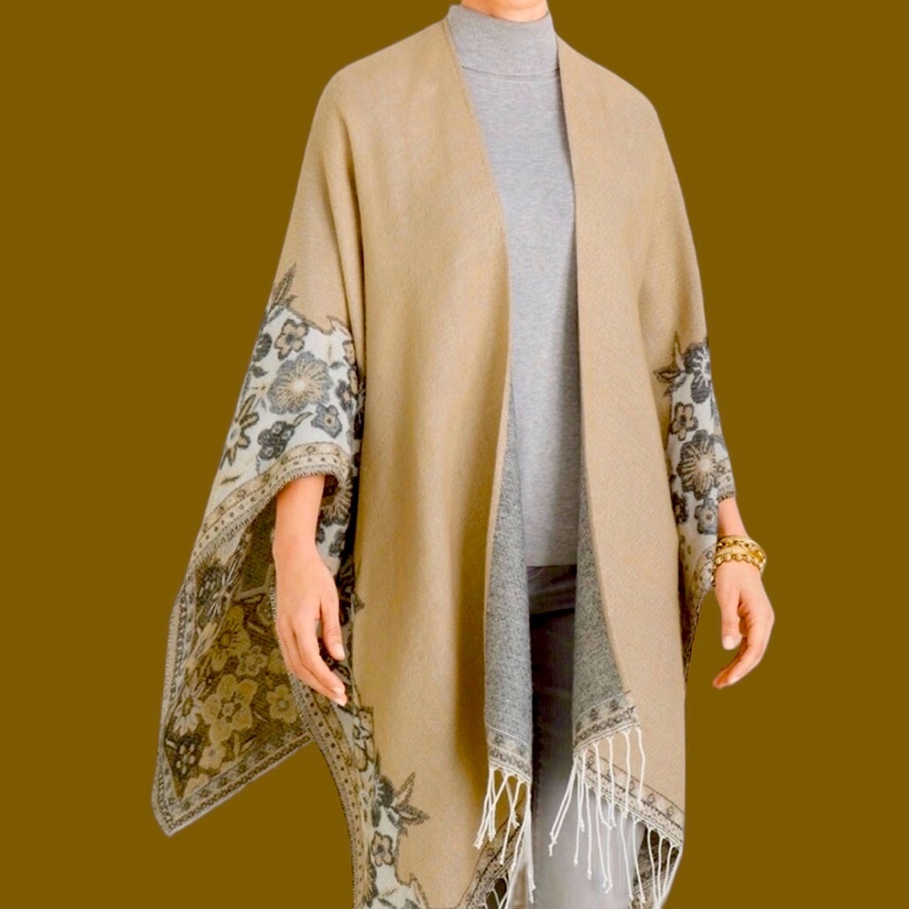 Chico's Tan and Gray Floral Shawl